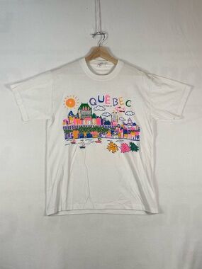 Vintage Quebec Tourist T shirt White Neon Bulletin Express Made In Canada Sz S